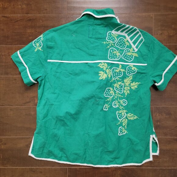 Free People Strawberry Shirt Womens XS Green Embroidered Vintage Oversized Retro - Picture 4 of 8